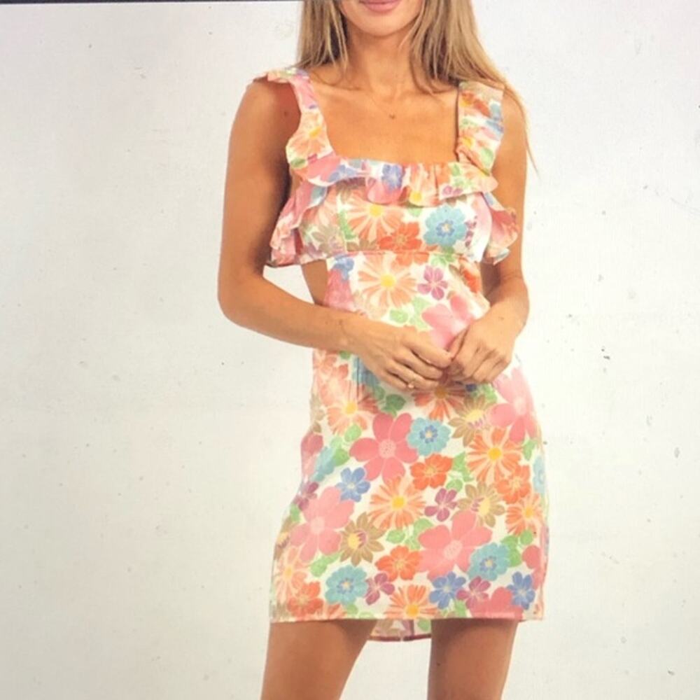 Storia Floral Print Ruffle Mini Dress Sleeveless Cut-Out Back Multicolor Size L